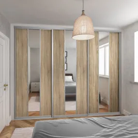 Curve Satin Silver Frame Oak 3 Door Mirror Sliding Wardrobe Kit