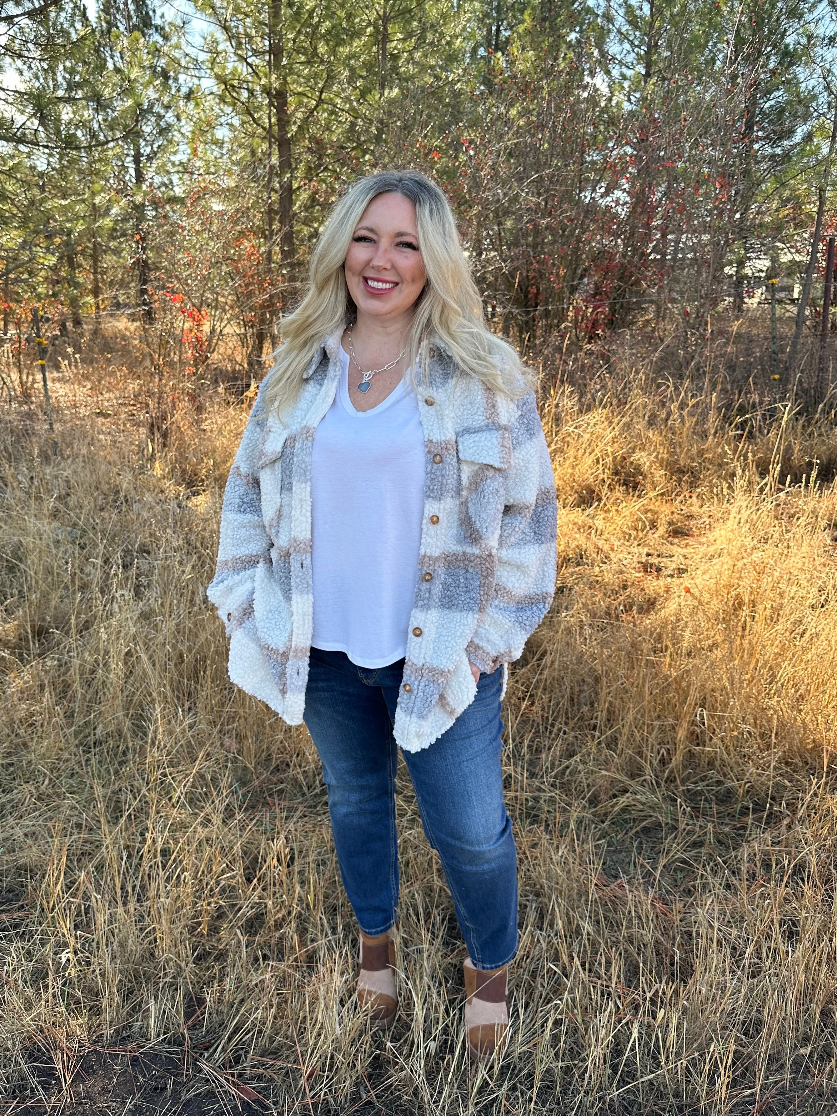 Curvy Ivory/Grey Plaid Shacket