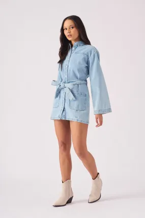 DENIM TIE WRAP DRESS  - LIGHT BLUE WASH