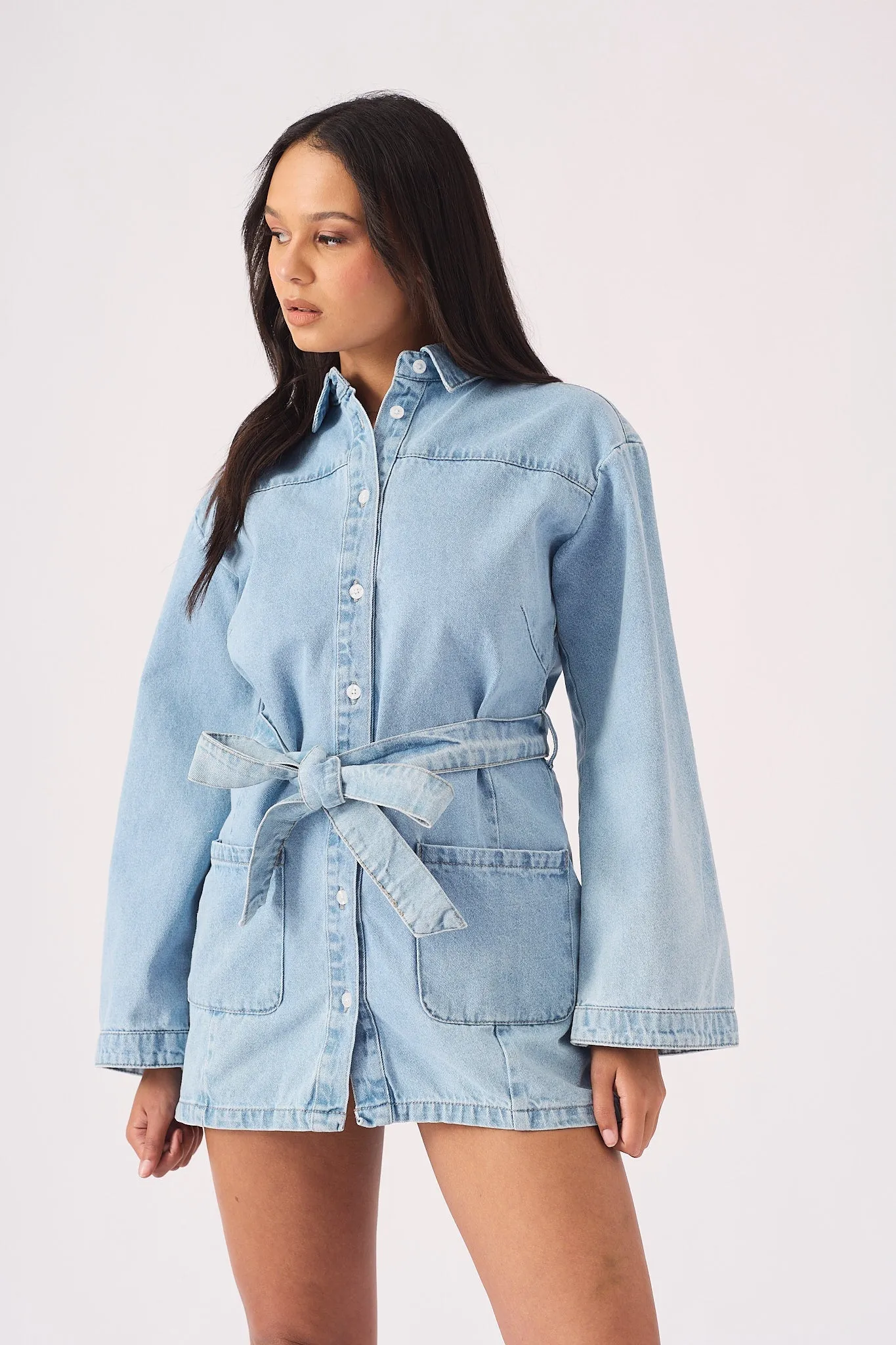 DENIM TIE WRAP DRESS  - LIGHT BLUE WASH