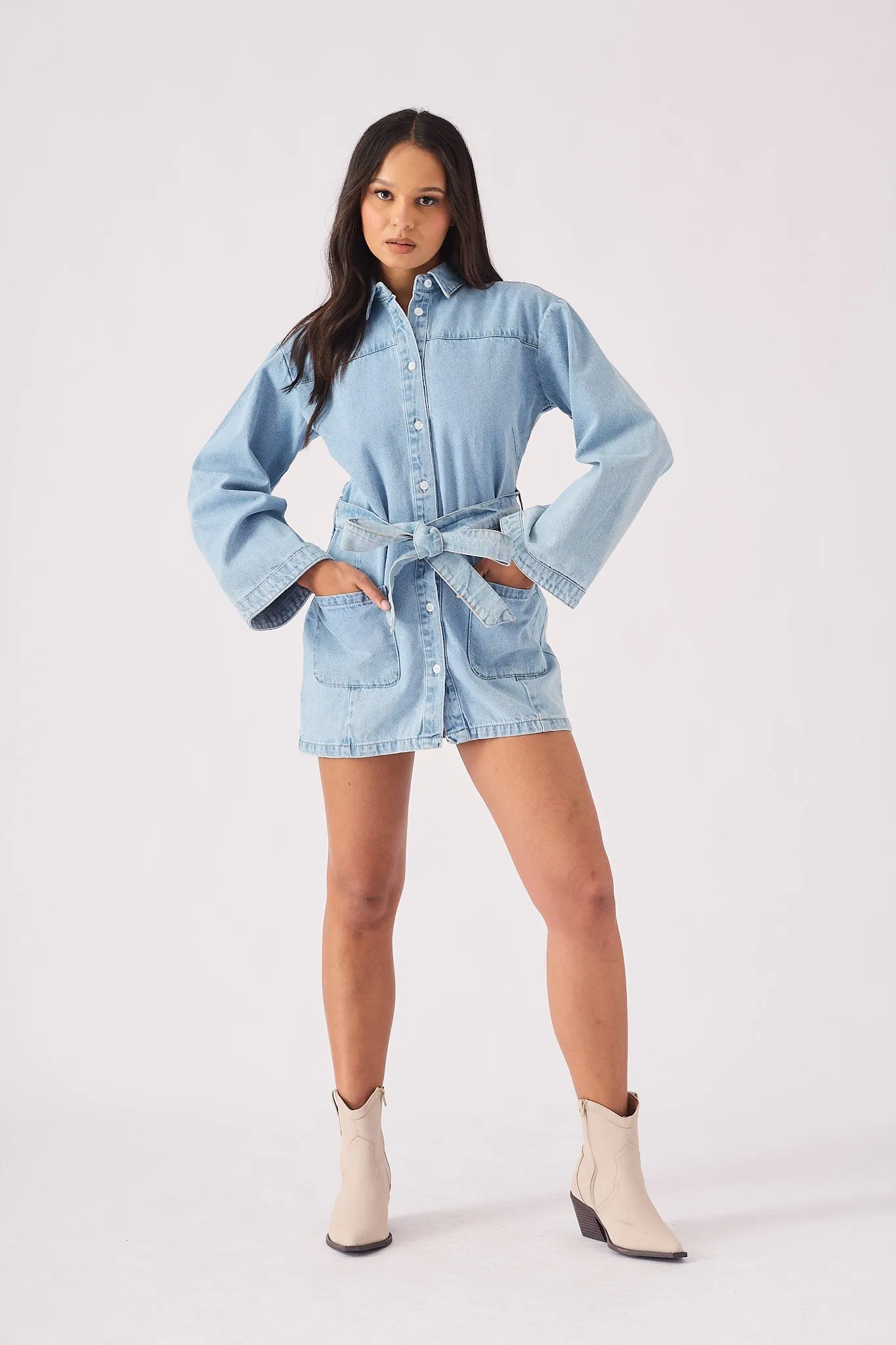 DENIM TIE WRAP DRESS  - LIGHT BLUE WASH