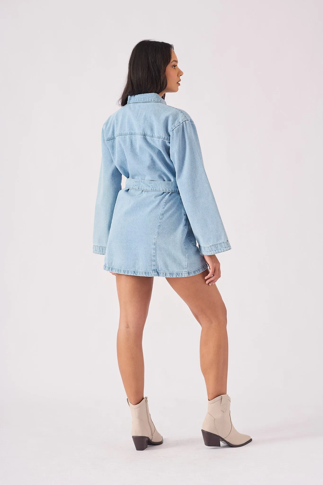 DENIM TIE WRAP DRESS  - LIGHT BLUE WASH