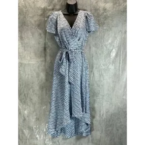 DKNY Women's Blue Printed Flutter-Sleeve V-Neck Faux-Wrap Dress SZ 14