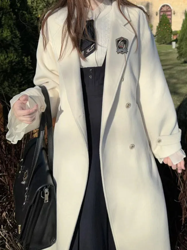 Elegant White Double-Breasted Cocoon Coat College Wool