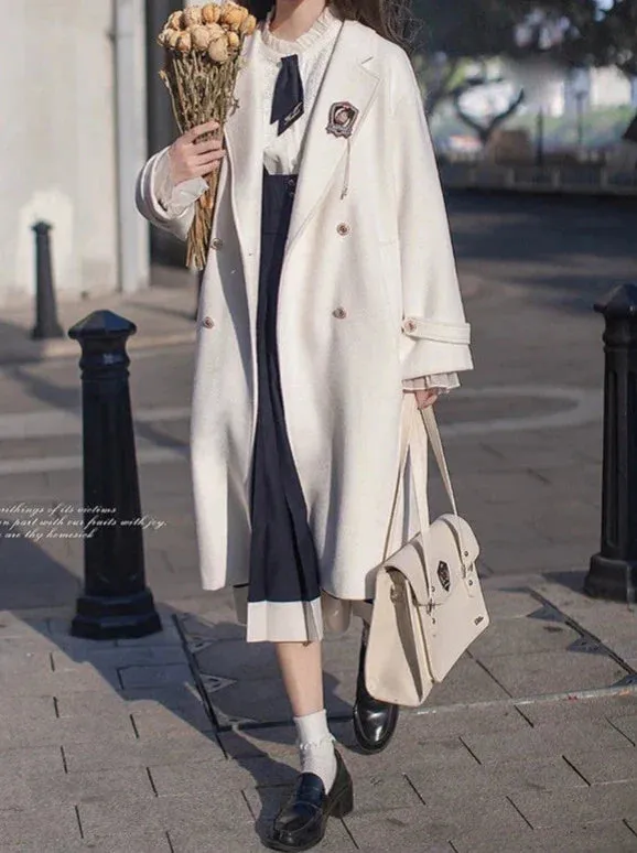 Elegant White Double-Breasted Cocoon Coat College Wool