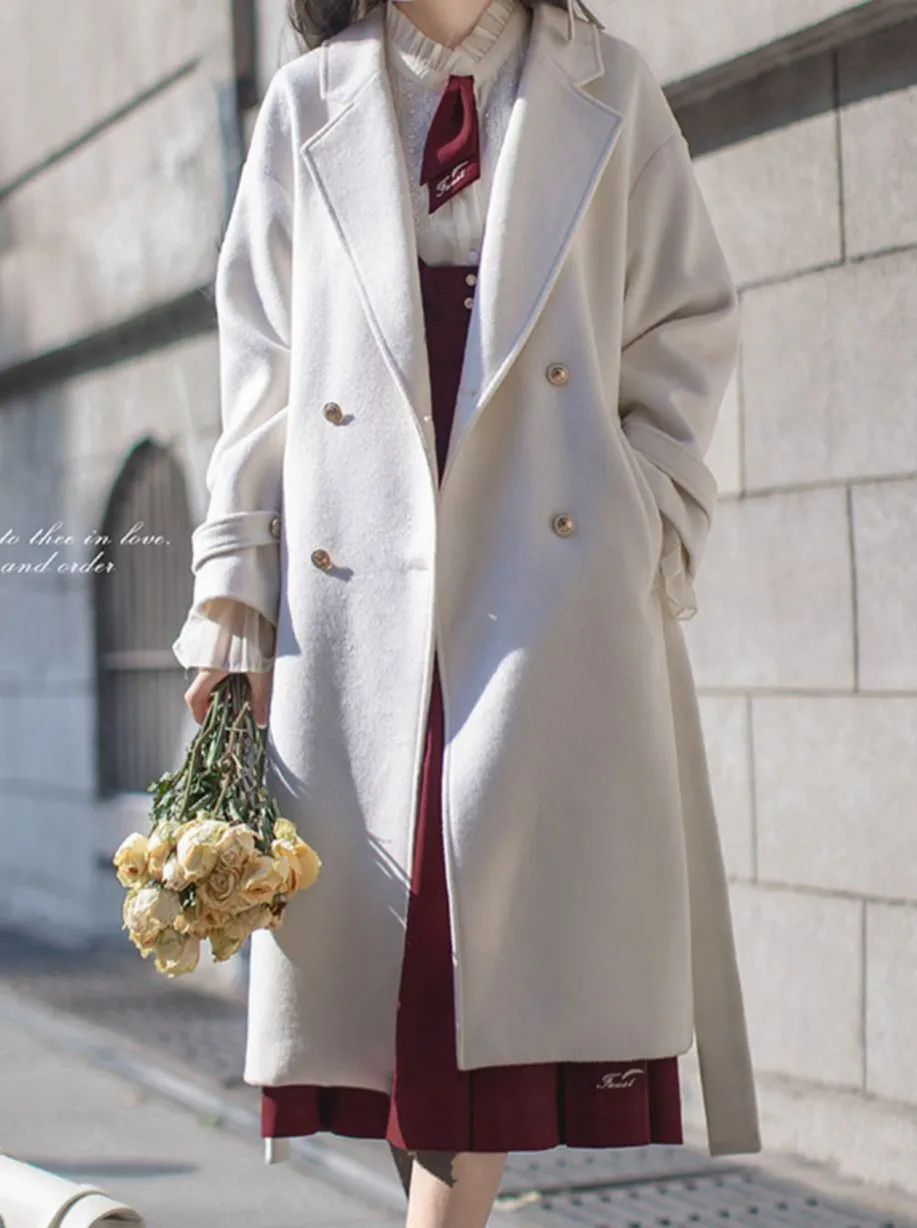 Elegant White Double-Breasted Cocoon Coat College Wool