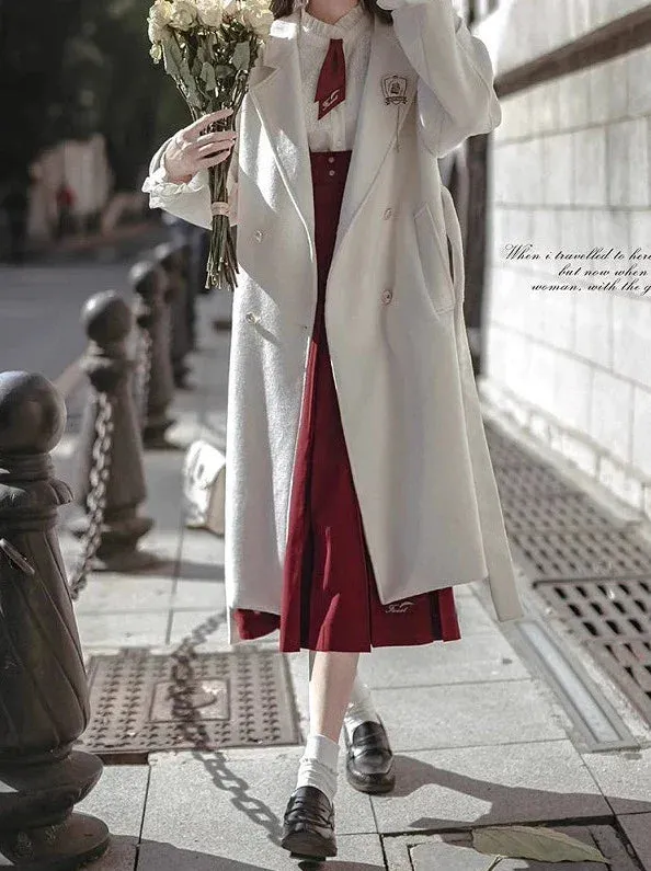 Elegant White Double-Breasted Cocoon Coat College Wool