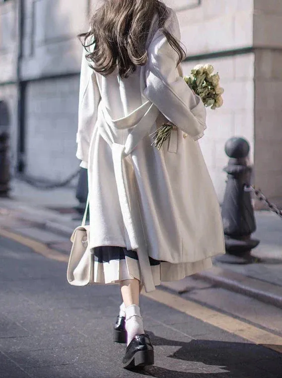 Elegant White Double-Breasted Cocoon Coat College Wool