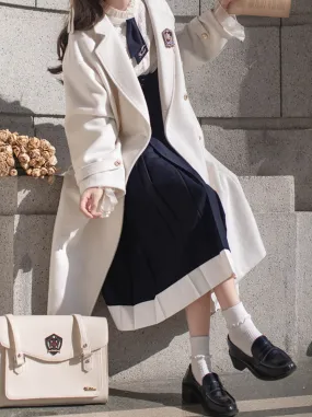 Elegant White Double-Breasted Cocoon Coat College Wool
