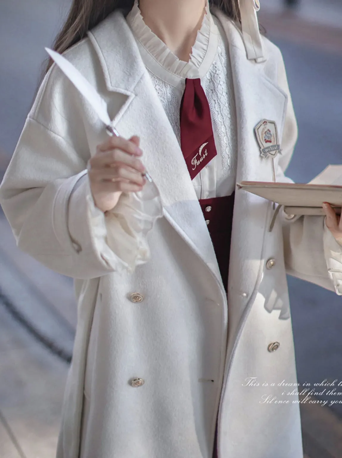 Elegant White Double-Breasted Cocoon Coat College Wool