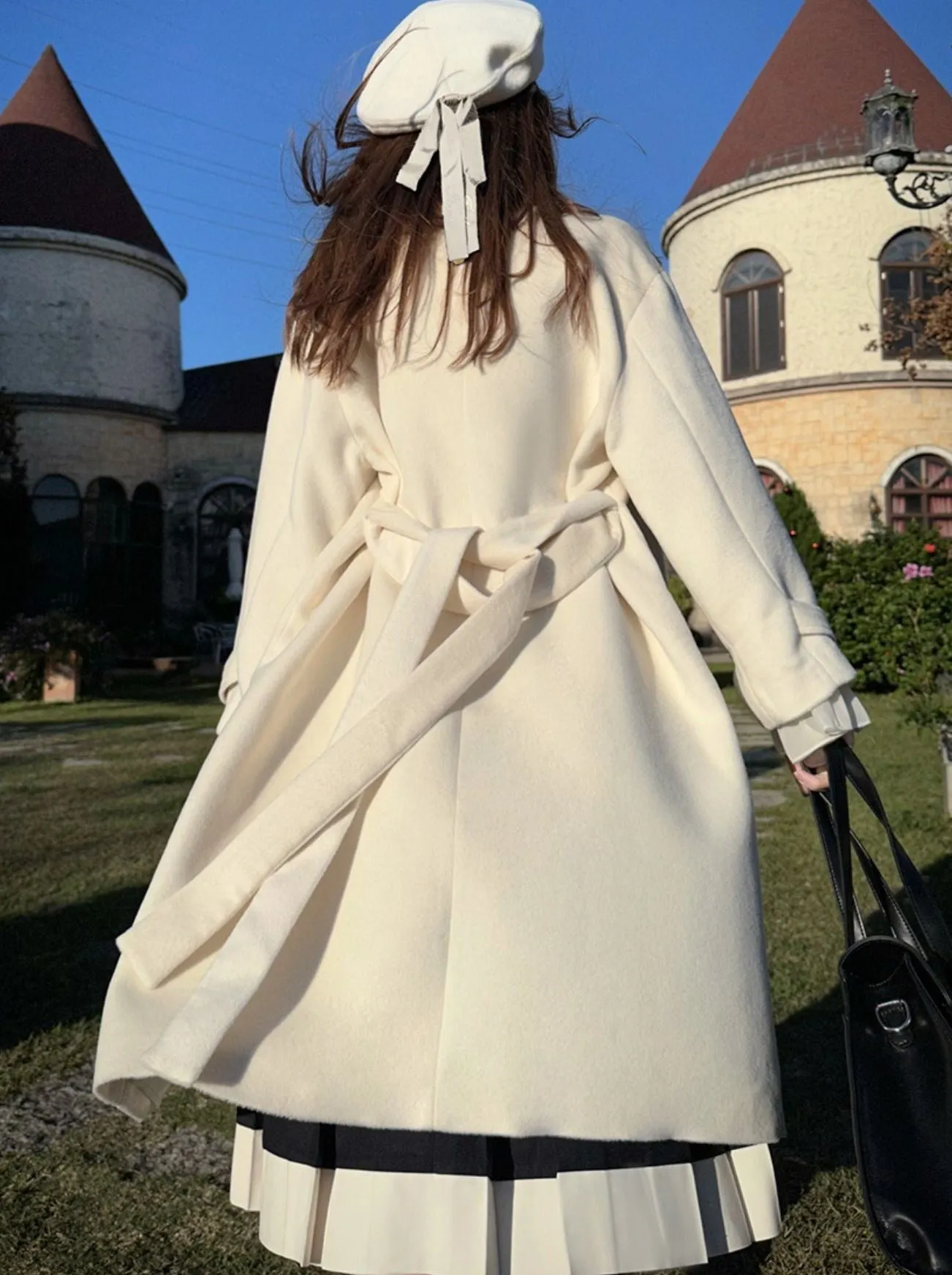 Elegant White Double-Breasted Cocoon Coat College Wool