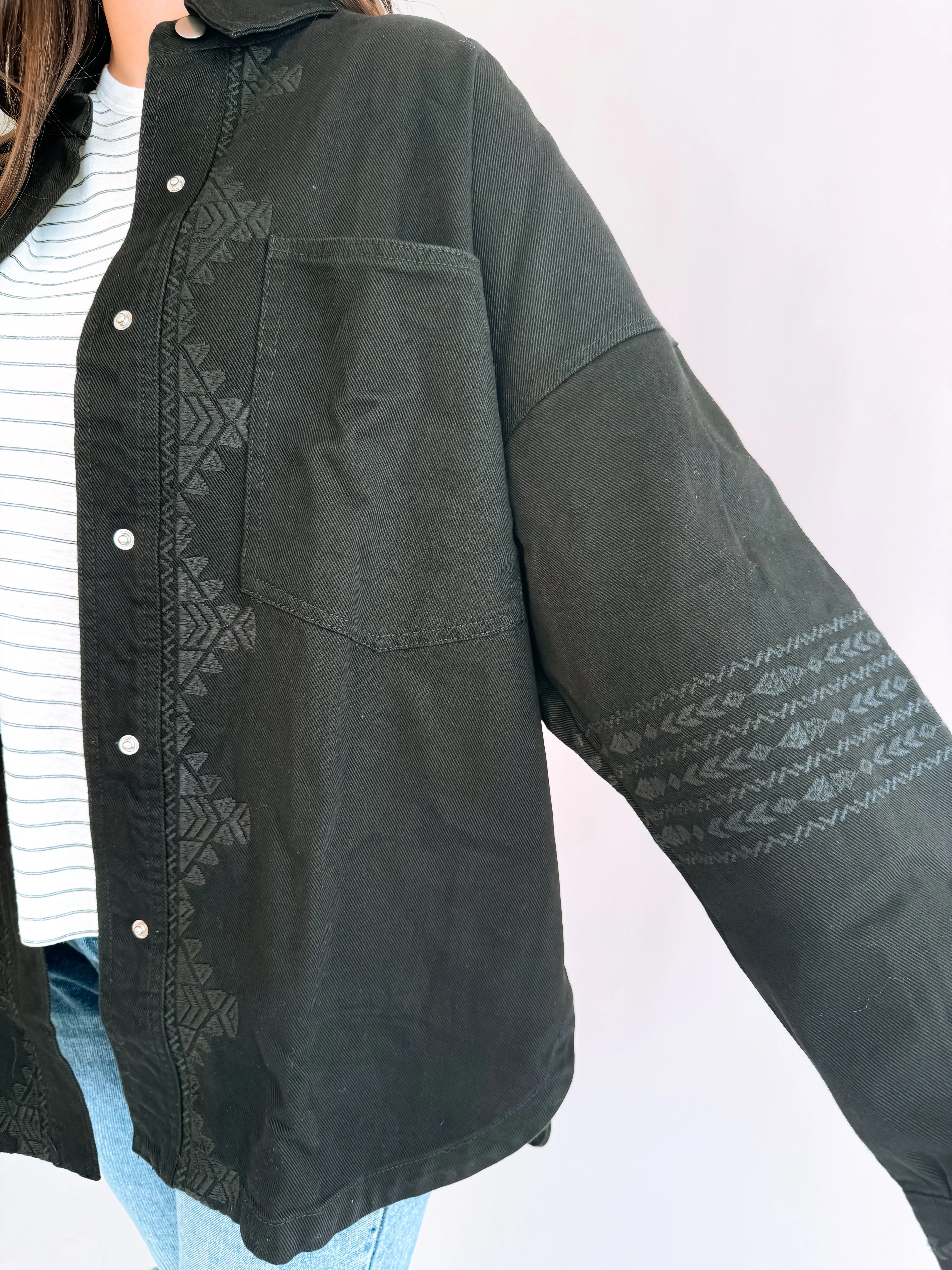 Embroidered Black Denim Shacket