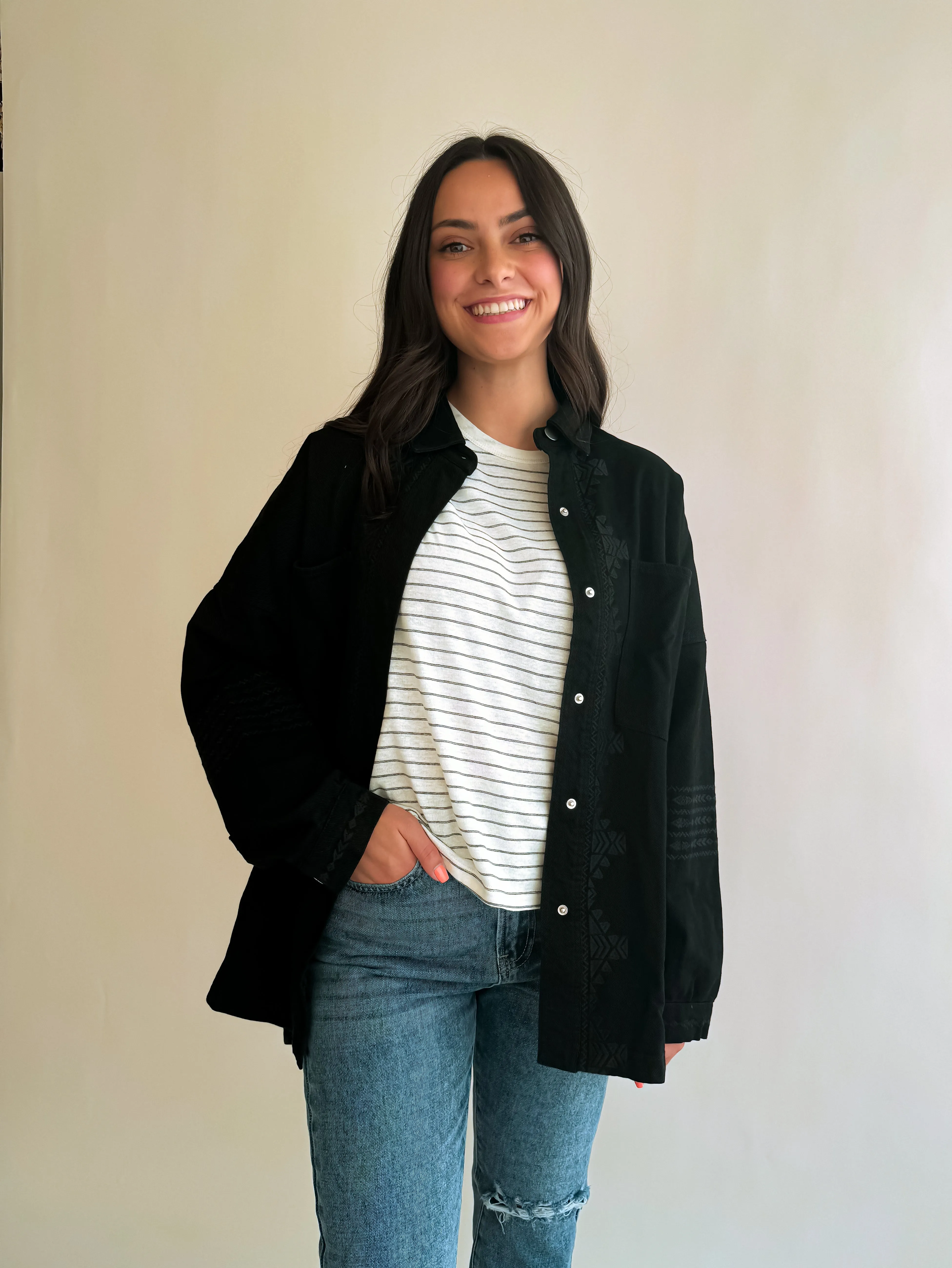 Embroidered Black Denim Shacket