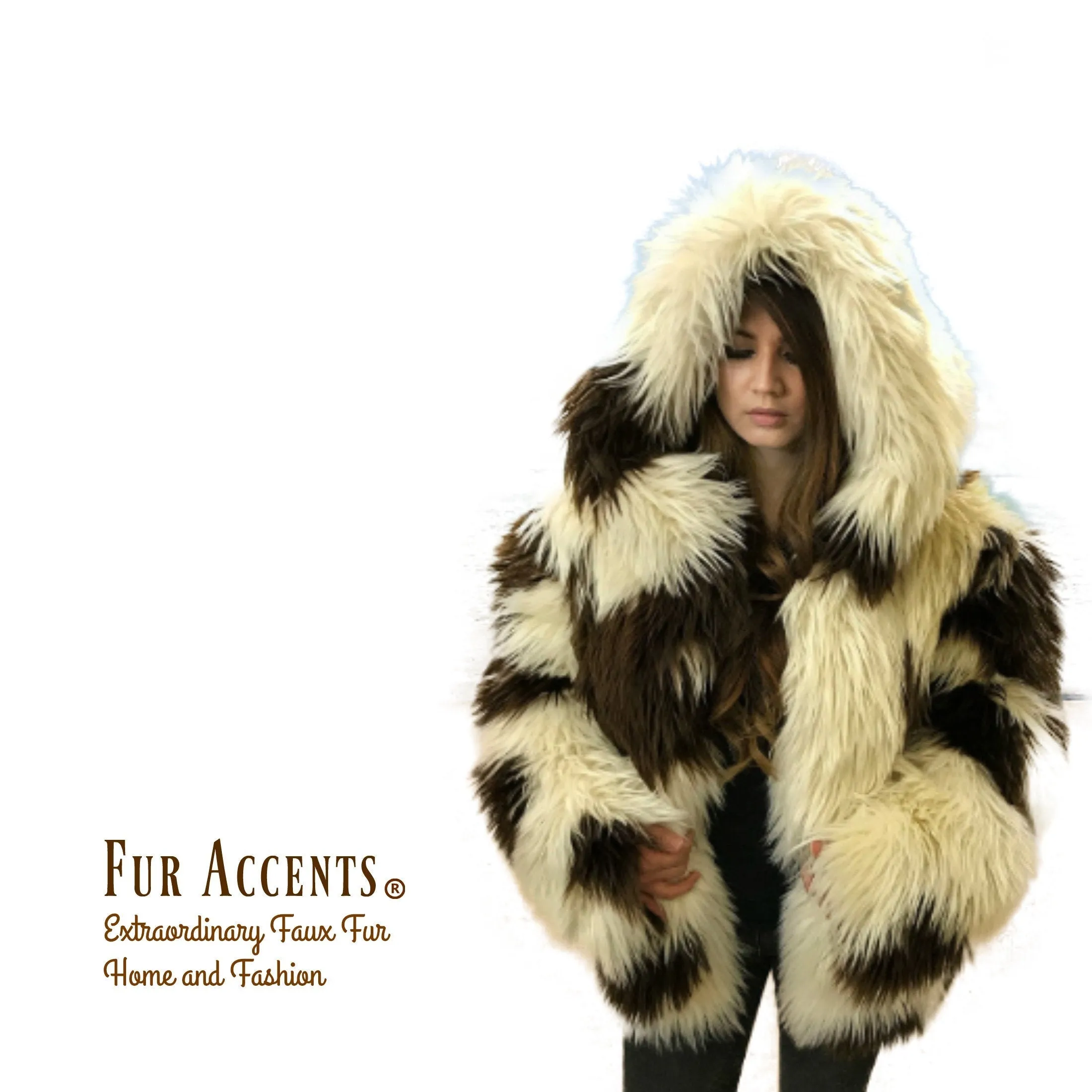 FUR ACCENTS Exotic Faux Fur Shaggy  Thick Long Hair Icelandic Sheepskin Hooded Coat -  Unisex Jacket - One Size - Oversize