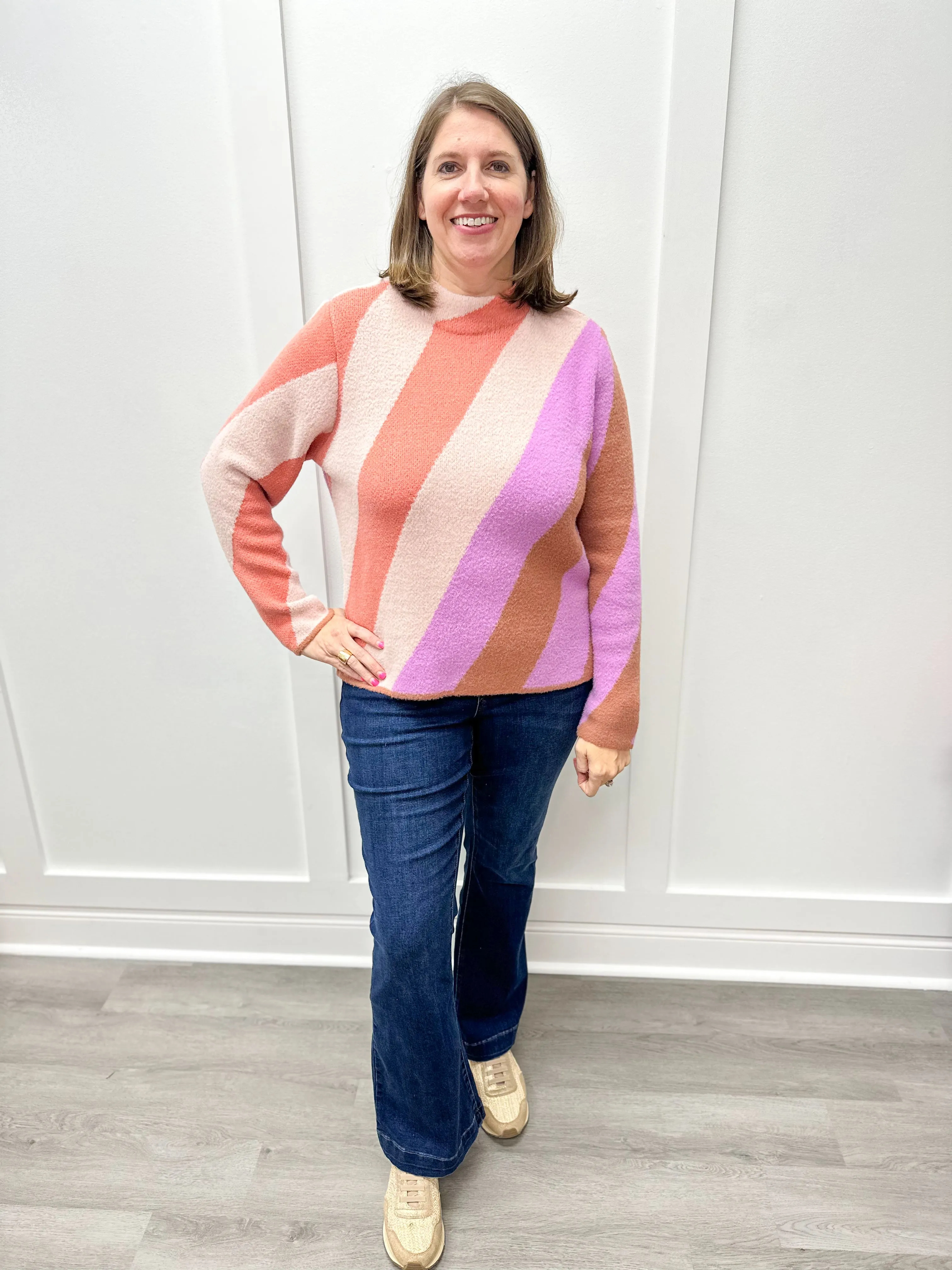 Fuzzy Double Knit Mock Neck Sweater - Apricot Mist