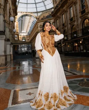 Golden Corset Traditional Ethiopian Dress: with Eye Catching Handstitched Cultural Embroidery Habesha Dress Modern Eritrean Clothing