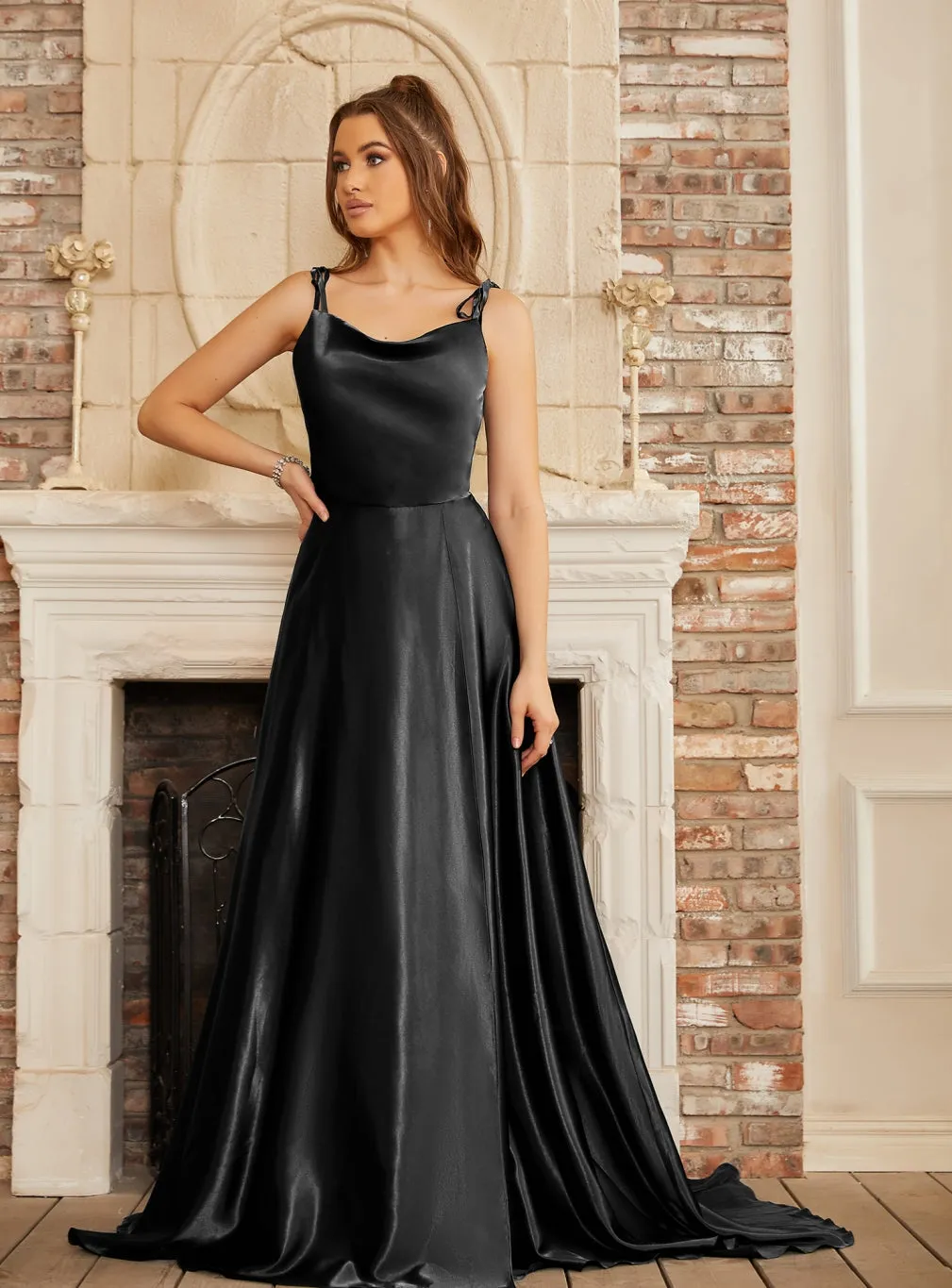 High Split Shiny Satin Long Prom Dresses with Spaghetti Straps