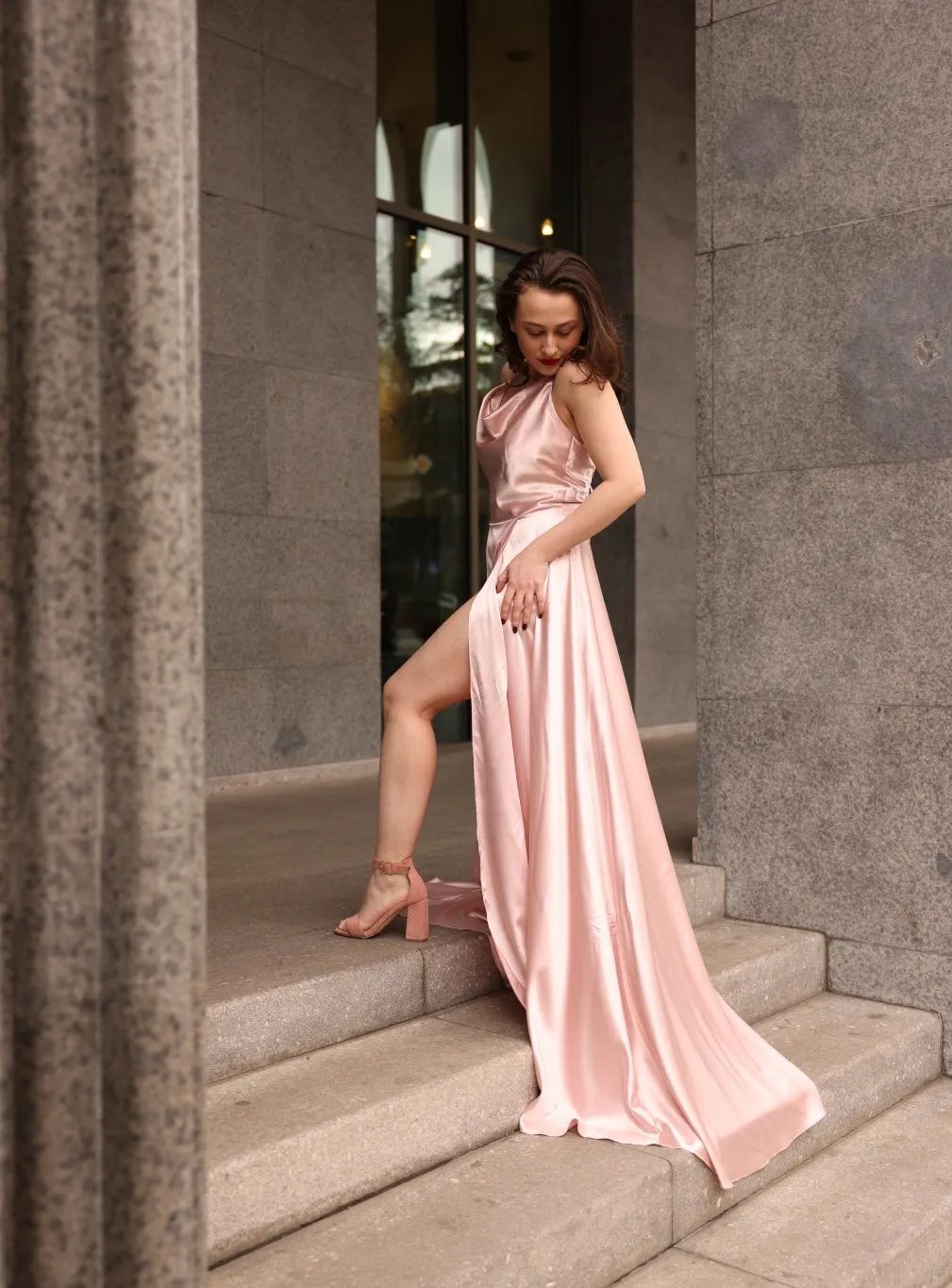 High Split Shiny Satin Long Prom Dresses with Spaghetti Straps