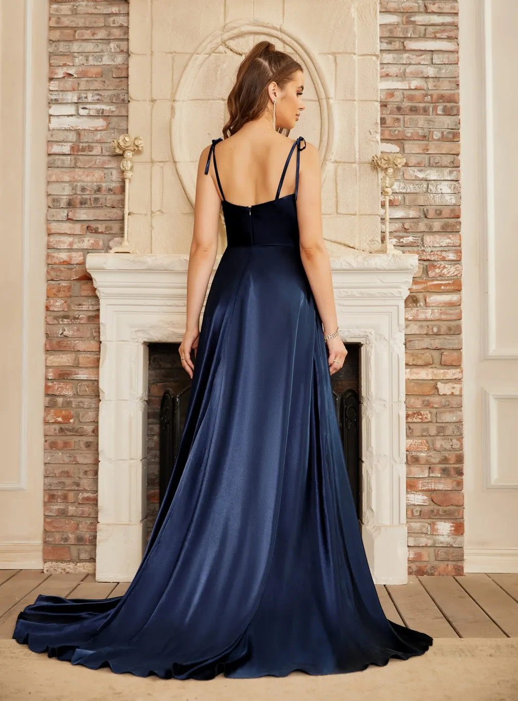 High Split Shiny Satin Long Prom Dresses with Spaghetti Straps