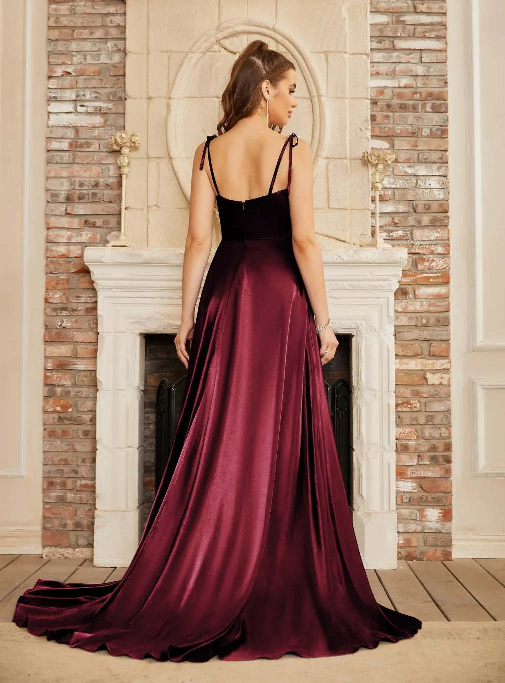 High Split Shiny Satin Long Prom Dresses with Spaghetti Straps