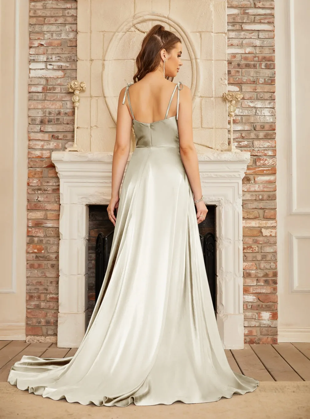 High Split Shiny Satin Long Prom Dresses with Spaghetti Straps