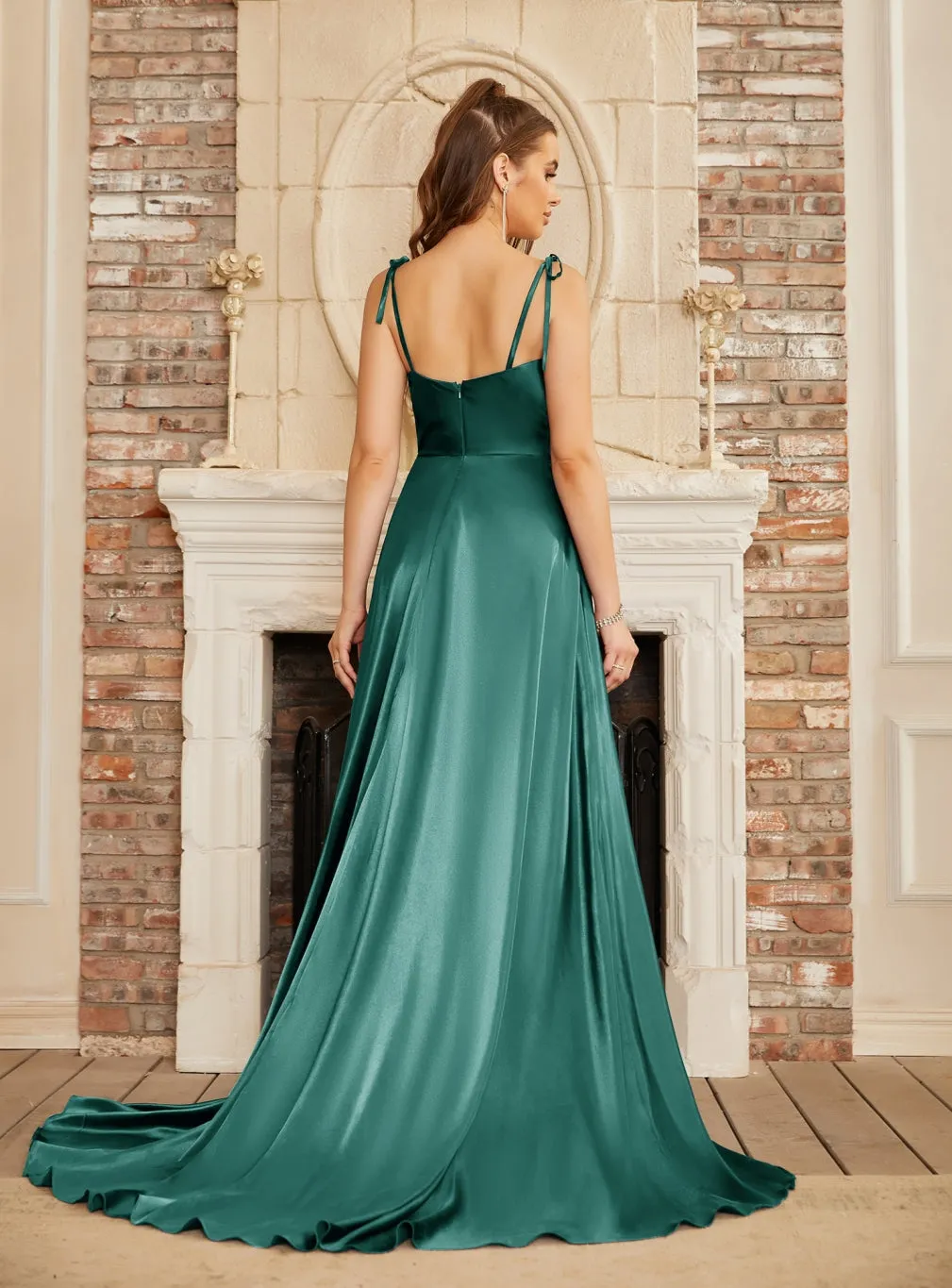High Split Shiny Satin Long Prom Dresses with Spaghetti Straps