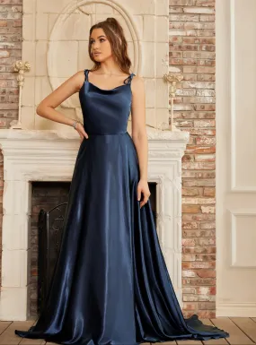 High Split Shiny Satin Long Prom Dresses with Spaghetti Straps