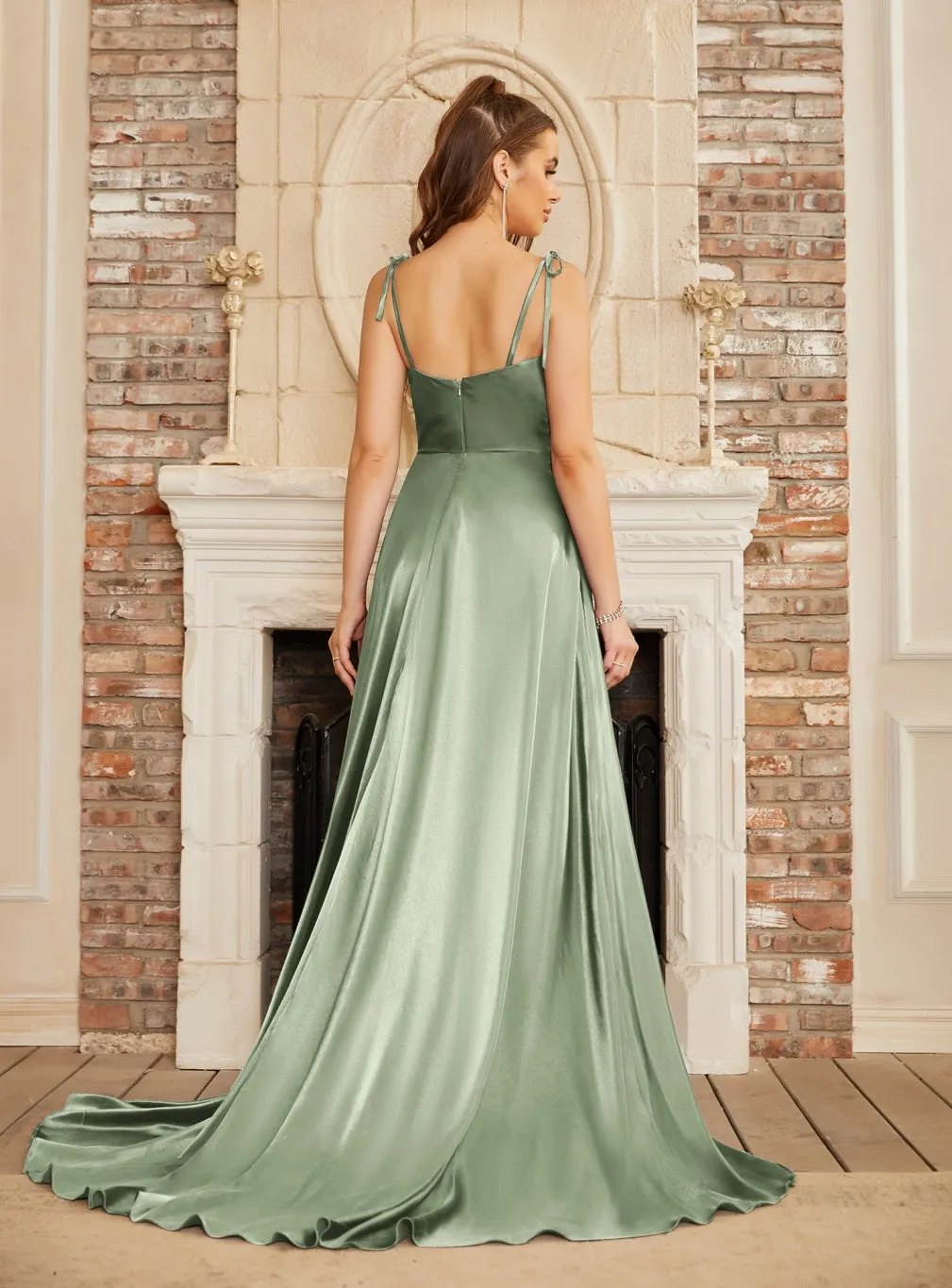 High Split Shiny Satin Long Prom Dresses with Spaghetti Straps