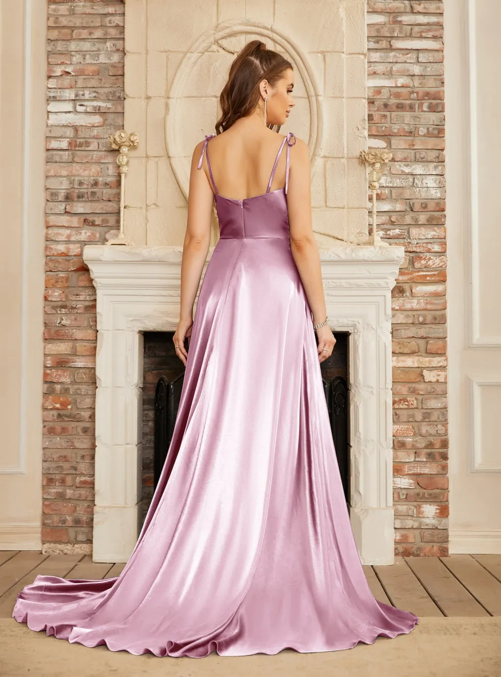 High Split Shiny Satin Long Prom Dresses with Spaghetti Straps