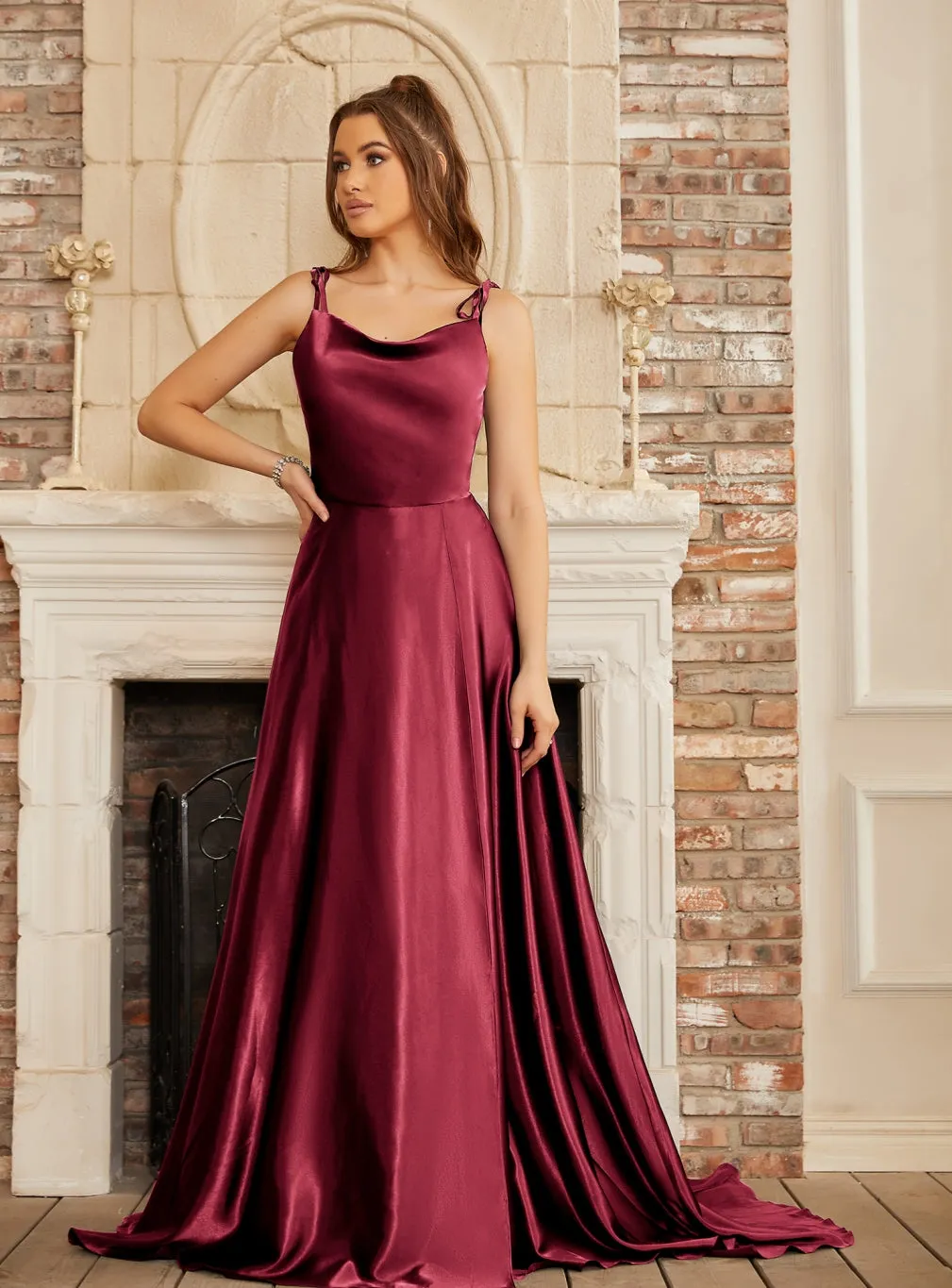 High Split Shiny Satin Long Prom Dresses with Spaghetti Straps