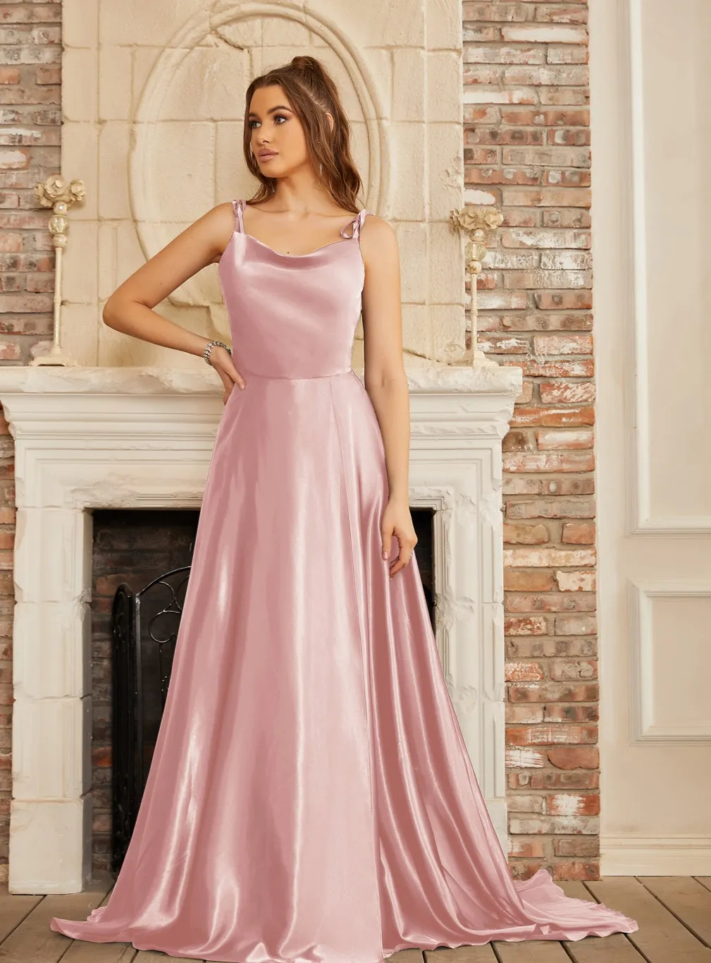 High Split Shiny Satin Long Prom Dresses with Spaghetti Straps