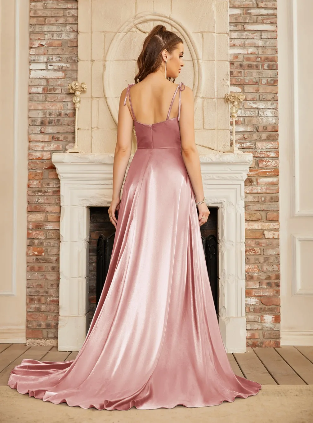 High Split Shiny Satin Long Prom Dresses with Spaghetti Straps