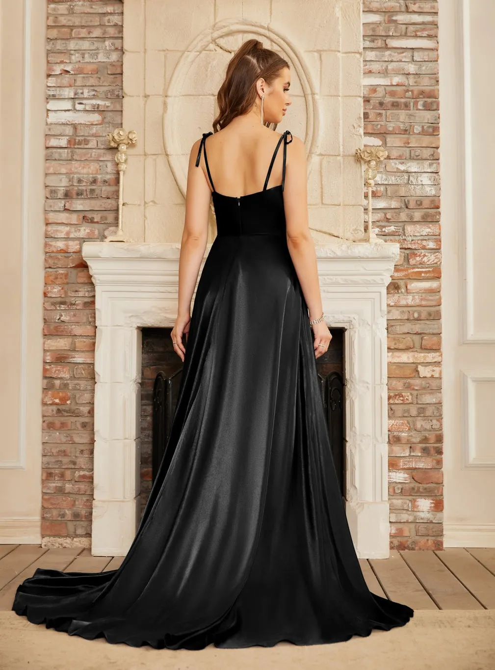 High Split Shiny Satin Long Prom Dresses with Spaghetti Straps