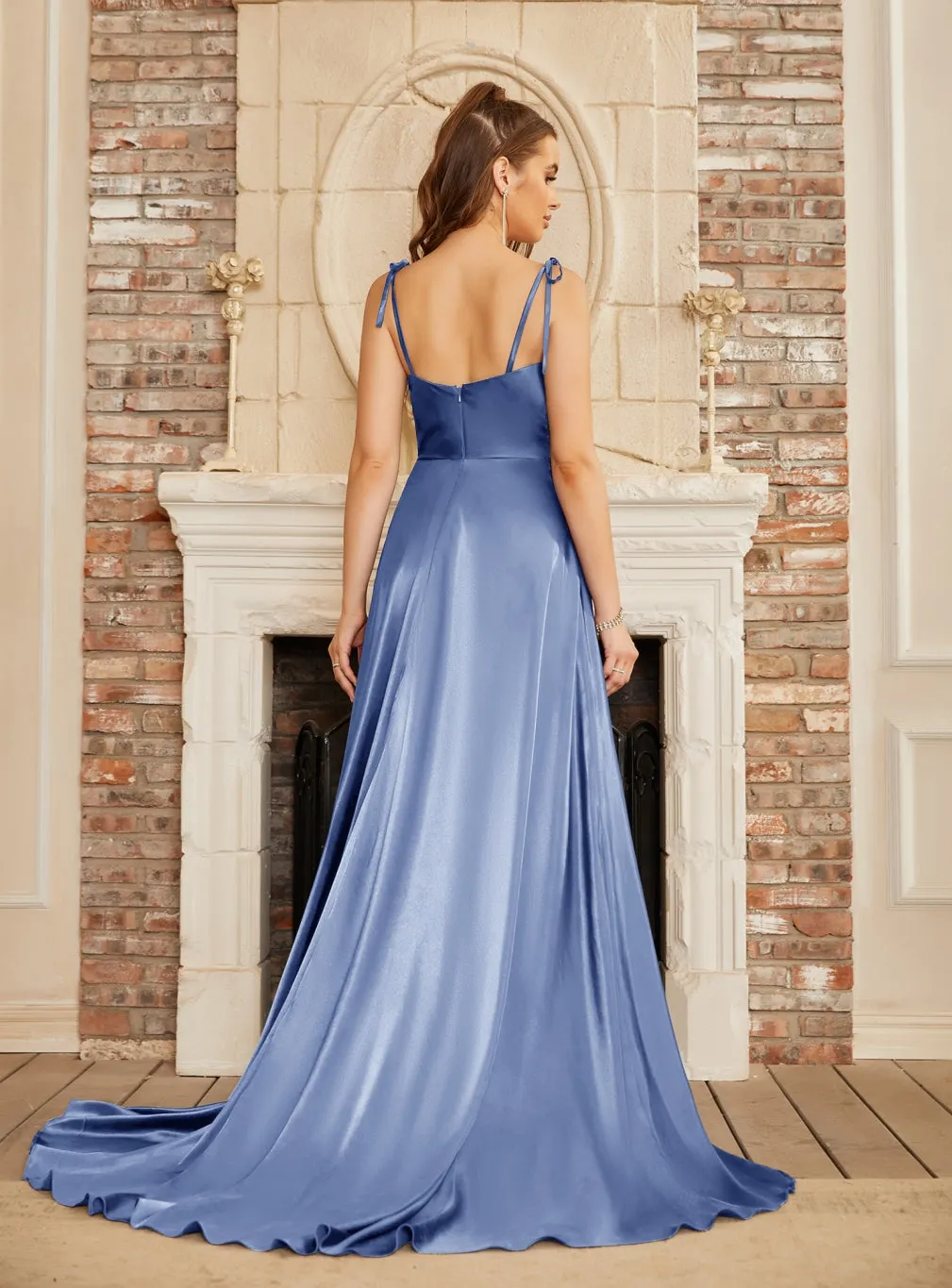 High Split Shiny Satin Long Prom Dresses with Spaghetti Straps