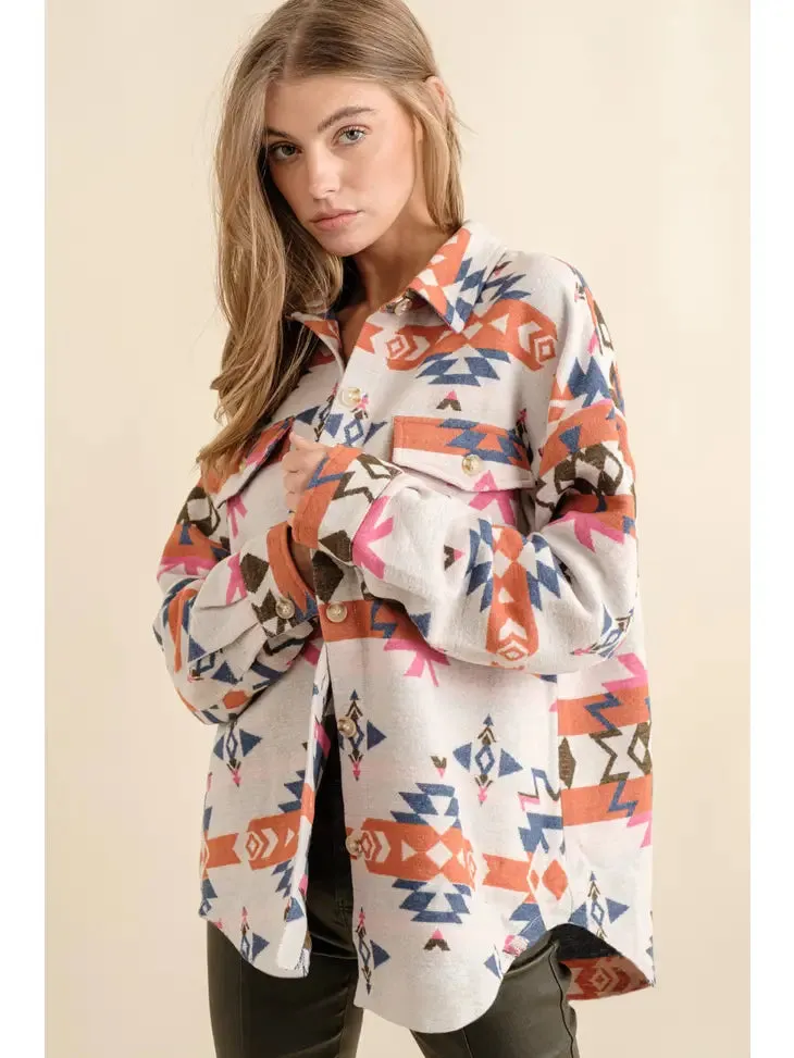 Jacquard Aztec Western Shirt Jacket - Orange