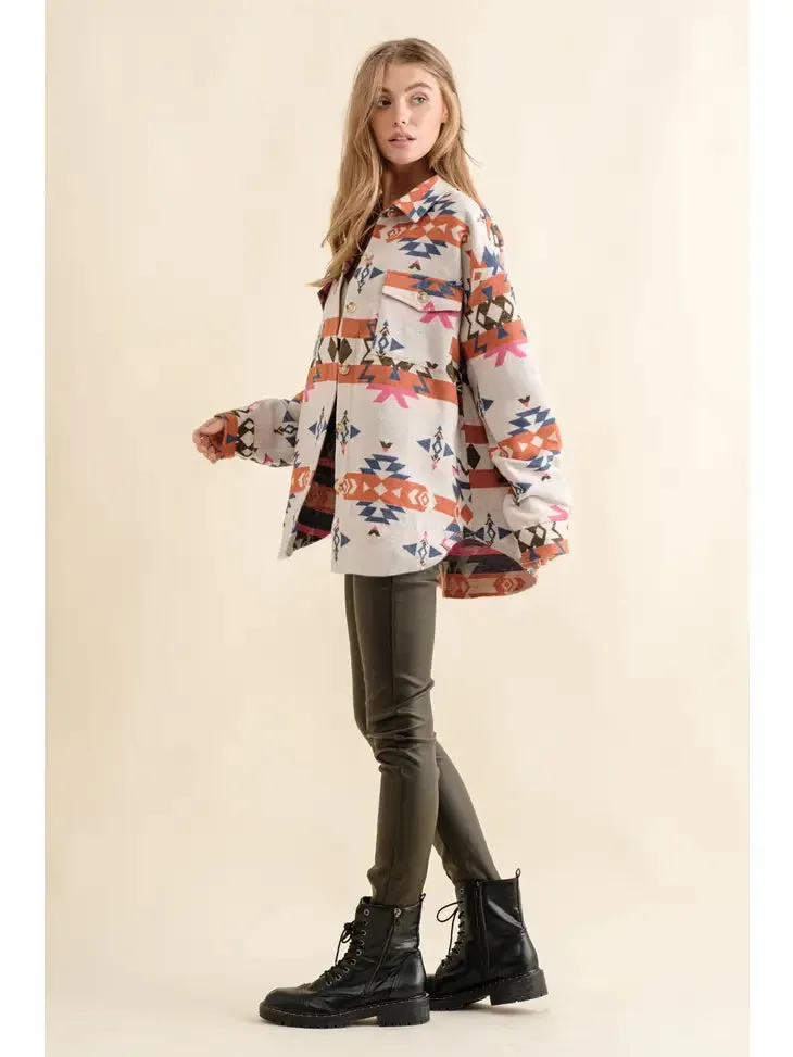Jacquard Aztec Western Shirt Jacket - Orange