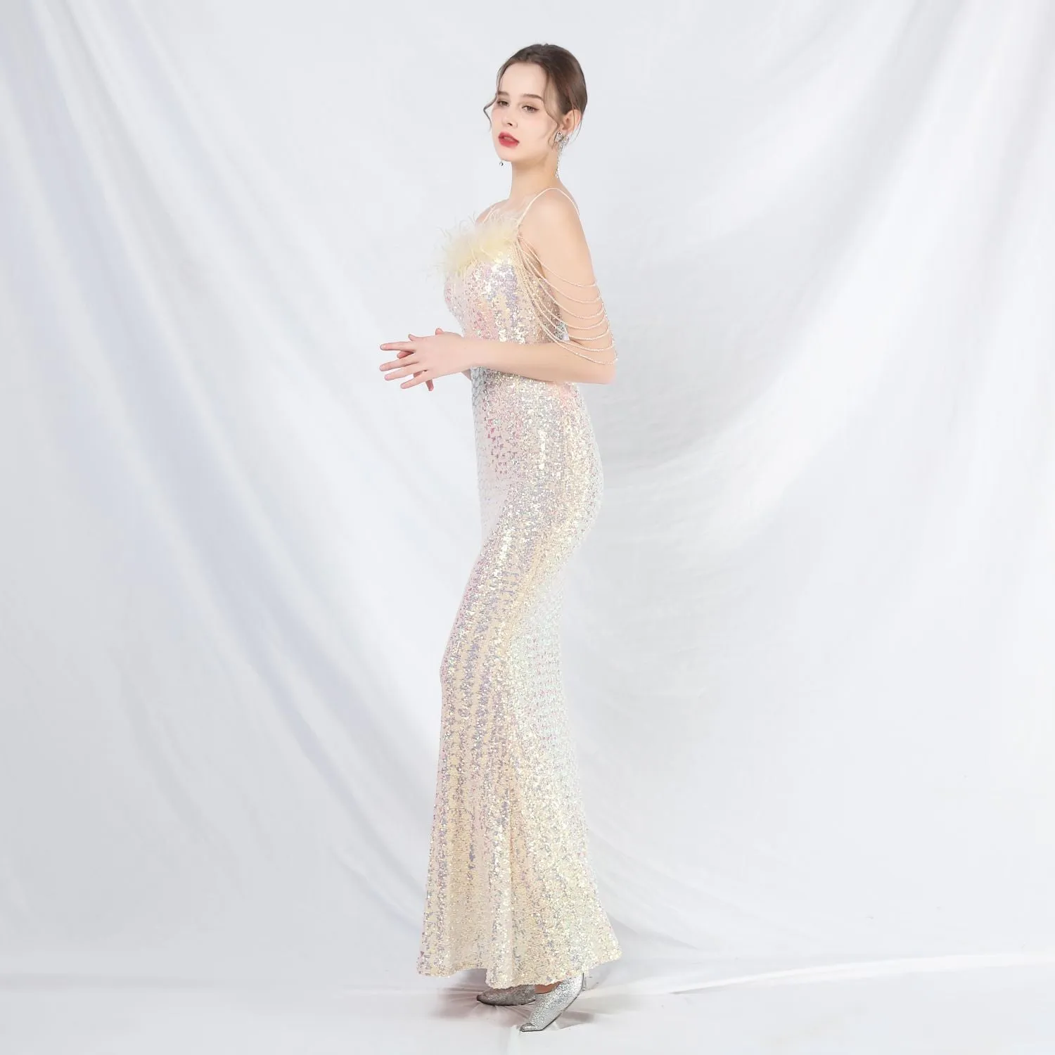 Leto-31832-Ostrich Fur Illusion Beaded Formal Dress