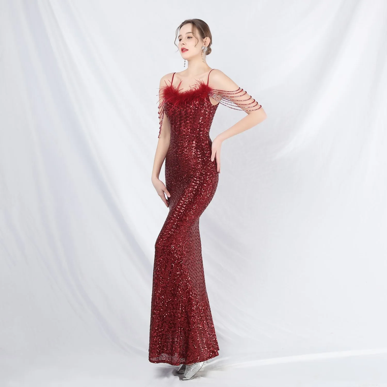 Leto-31832-Ostrich Fur Illusion Beaded Formal Dress
