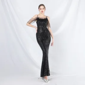 Leto-31832-Ostrich Fur Illusion Beaded Formal Dress