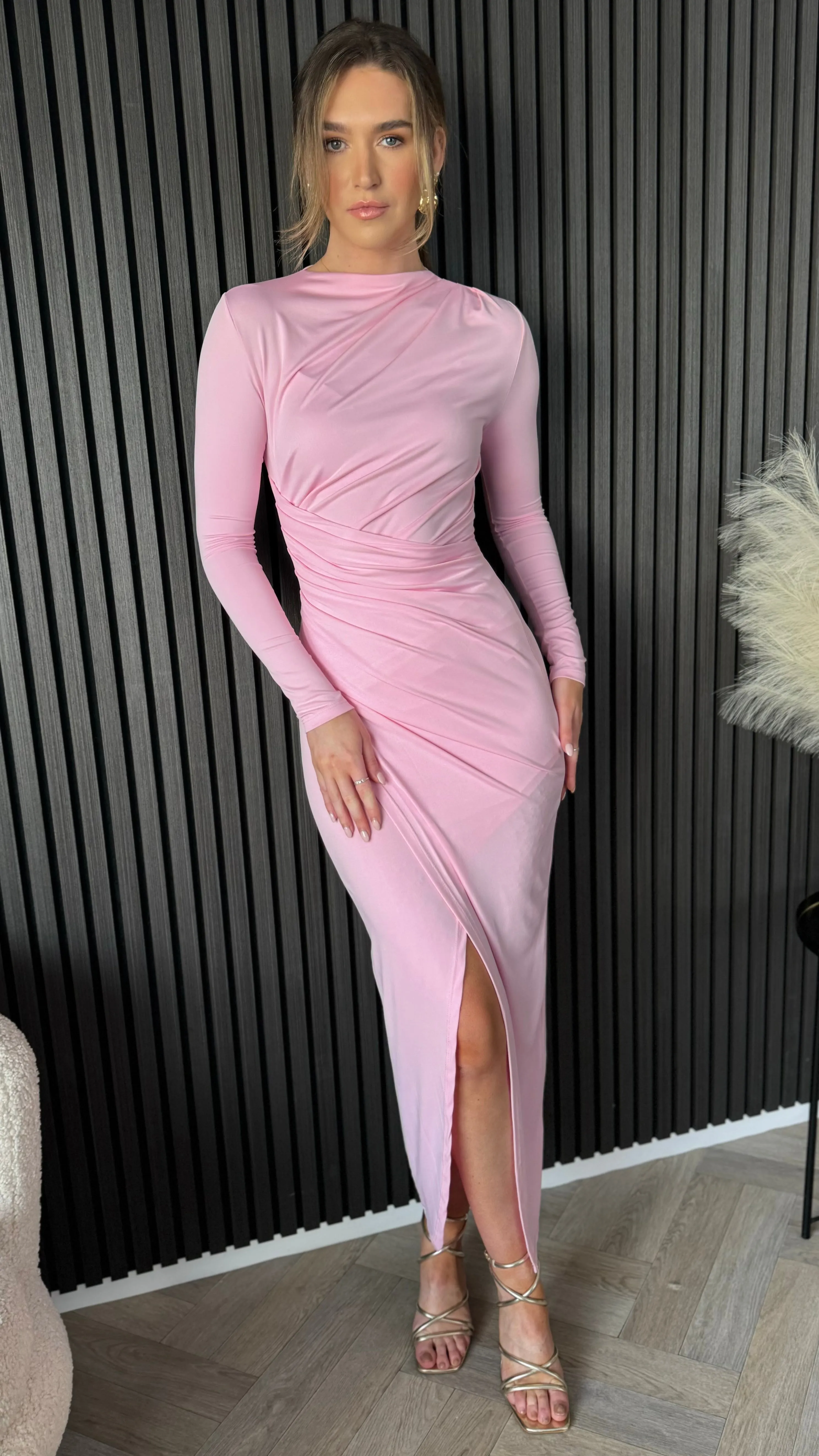 Loretta Rose Pink Ruched Wrap Effect High Neck Midi Dress