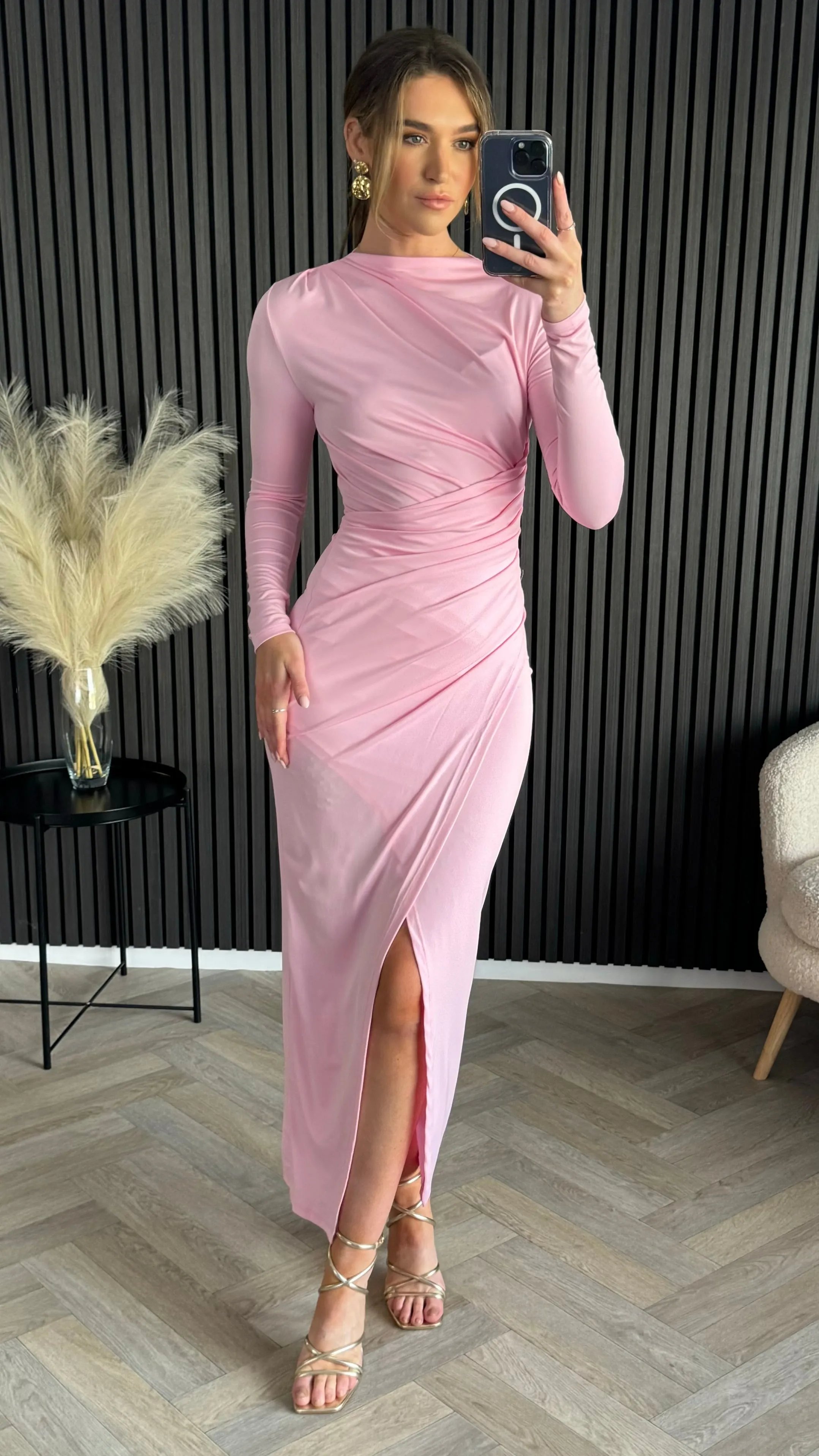 Loretta Rose Pink Ruched Wrap Effect High Neck Midi Dress