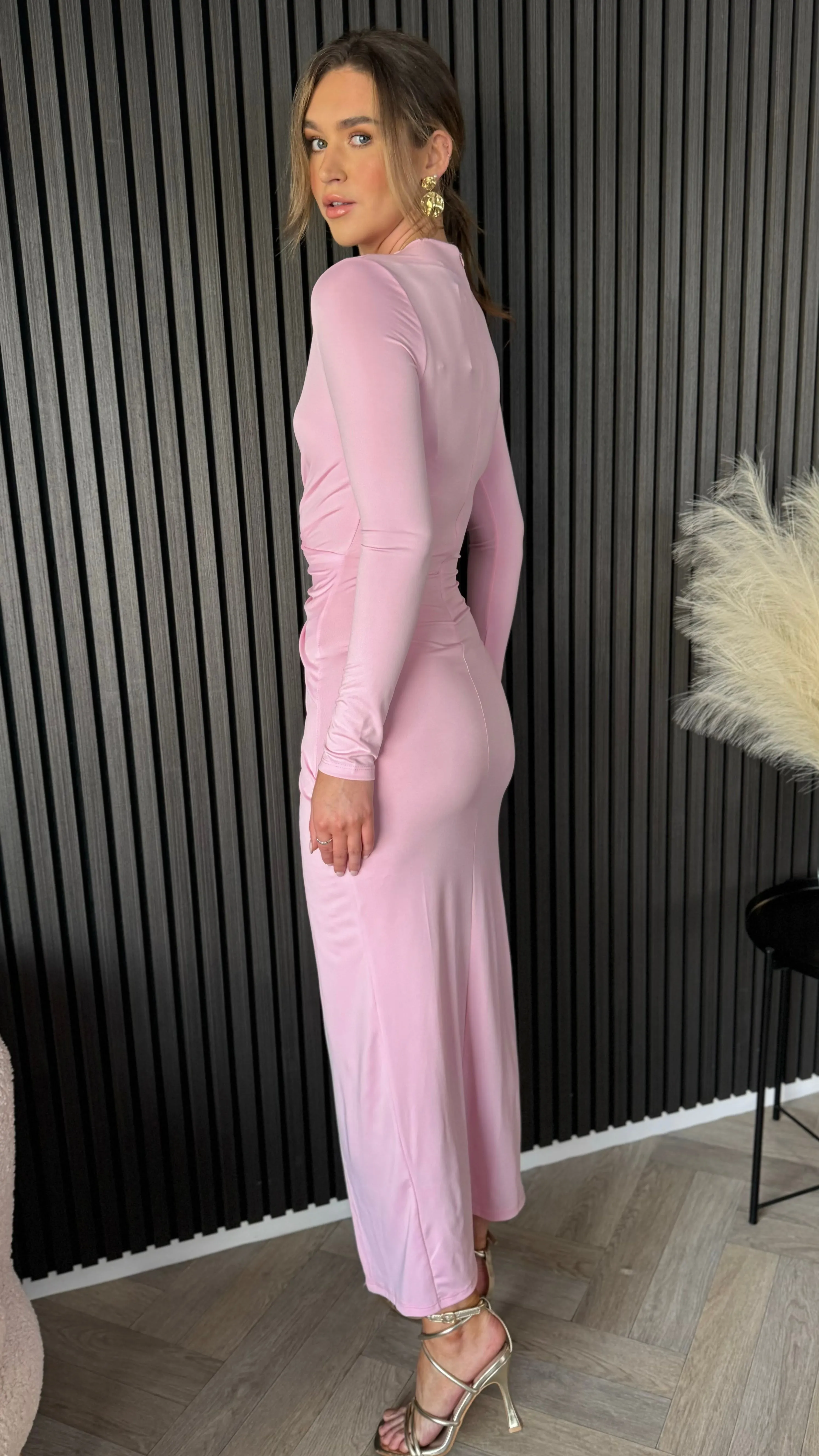 Loretta Rose Pink Ruched Wrap Effect High Neck Midi Dress