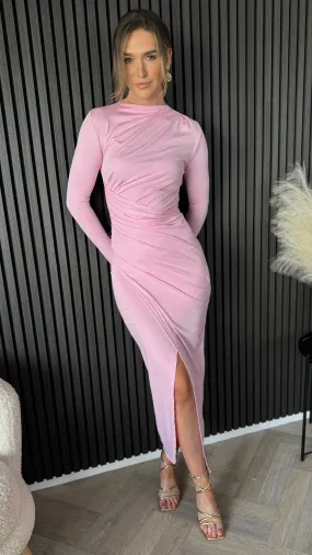 Loretta Rose Pink Ruched Wrap Effect High Neck Midi Dress