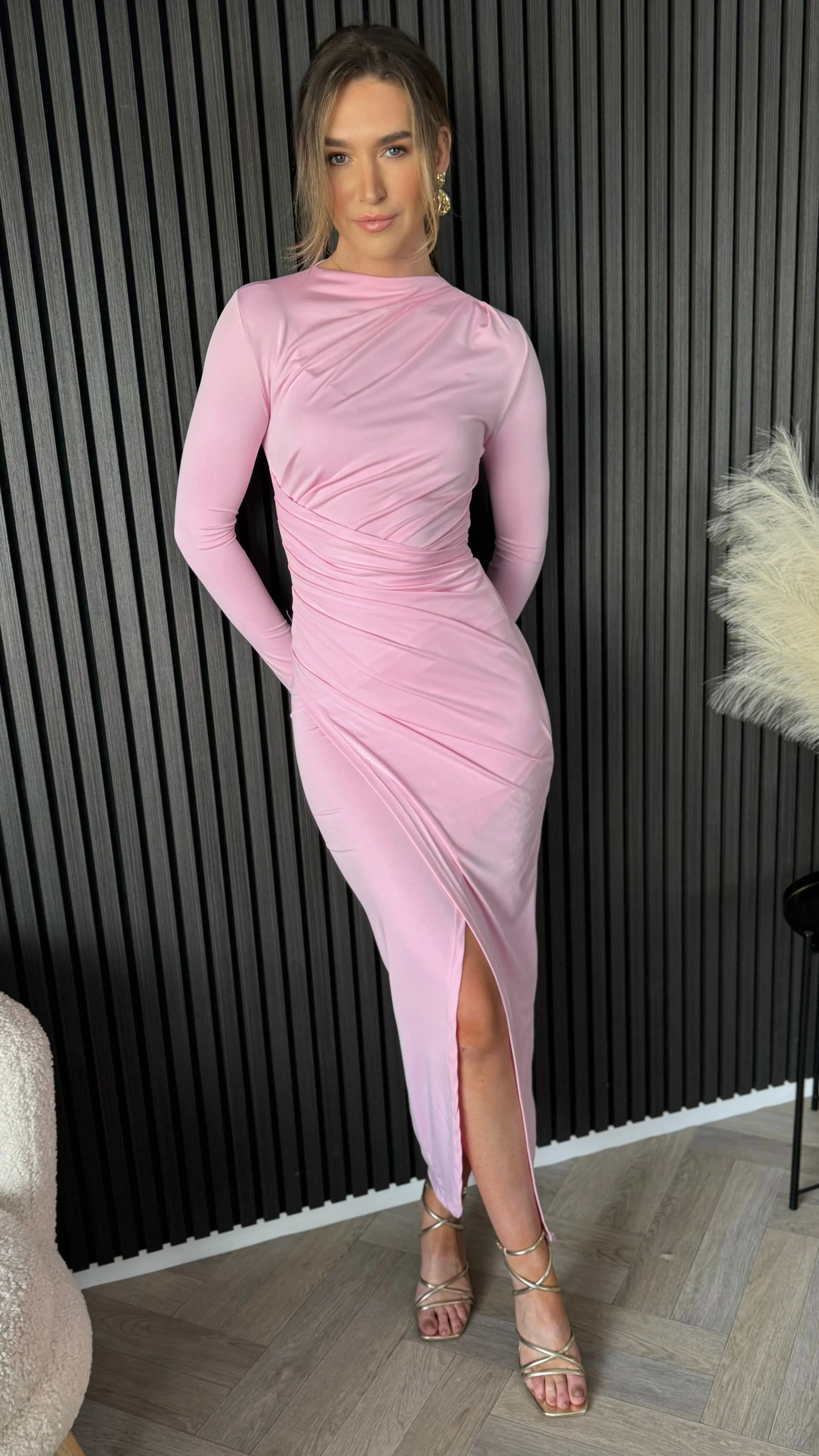 Loretta Rose Pink Ruched Wrap Effect High Neck Midi Dress