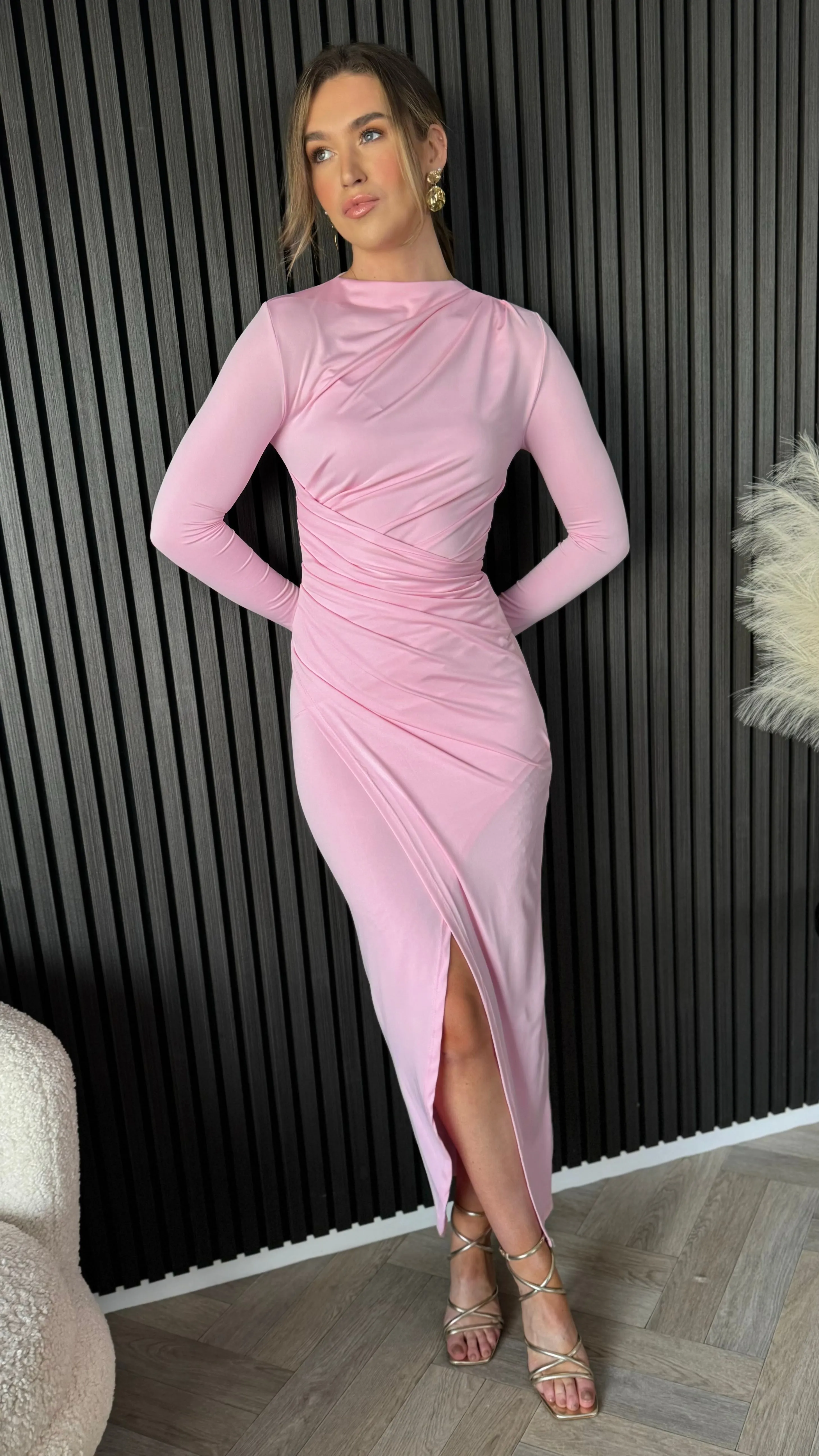 Loretta Rose Pink Ruched Wrap Effect High Neck Midi Dress