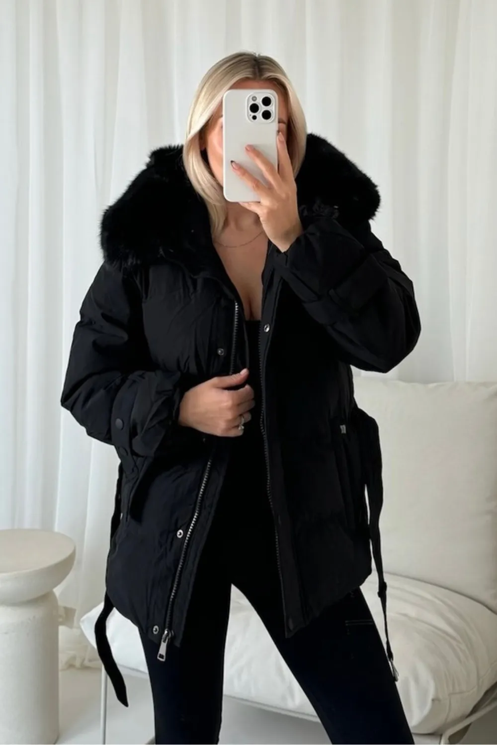 Margot Black padded faux fur hooded Coat