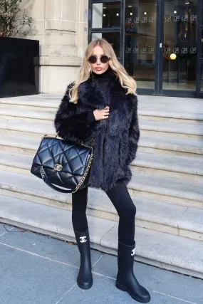 Maura black mid length faux fur coat