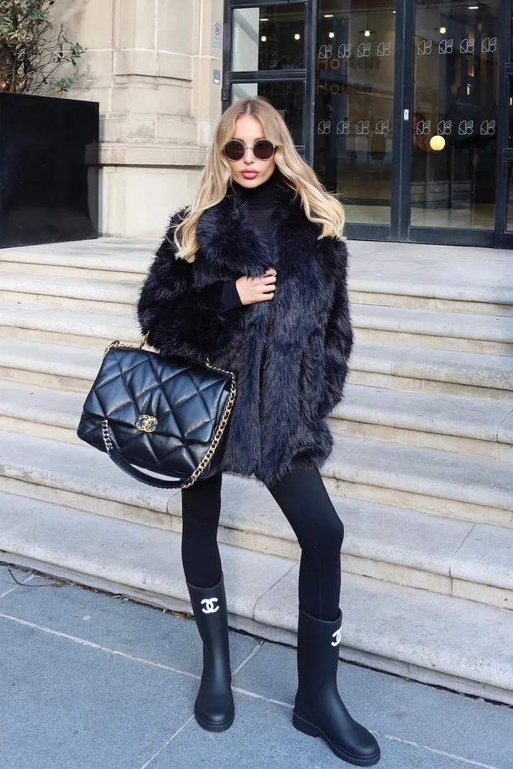 Maura black mid length faux fur coat