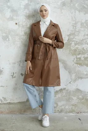 MDS Women Darina Belted Leather Trench Coat - Tan - Trieste
