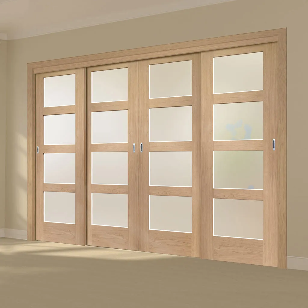 Minimalist Wardrobe Door & Frame Kit - Four Shaker Oak 4 Pane Door - Obscure Glass - Prefinished